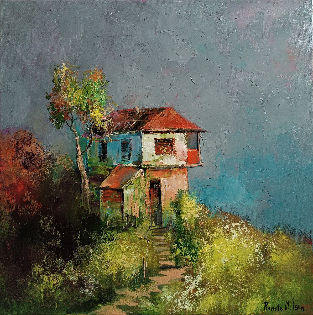 Impressionistic Landscape Oil Painting By Reneta Isin, 28 X 28", " Favorite Place ", Original Artwork