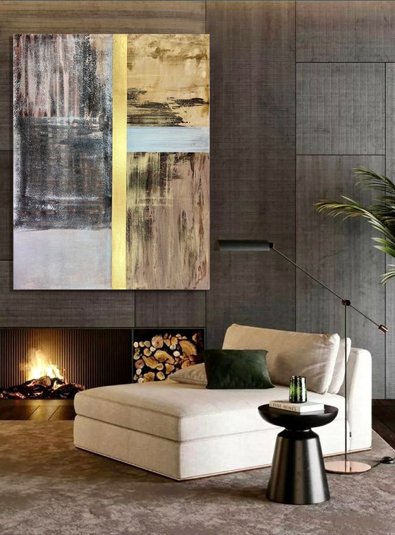 130x100cm Gold leaf abstract . Silver Copper Art. Search for meaning