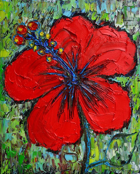 RED HIBISCUS - modern abstract impressionist floral art original palette knife oil painting