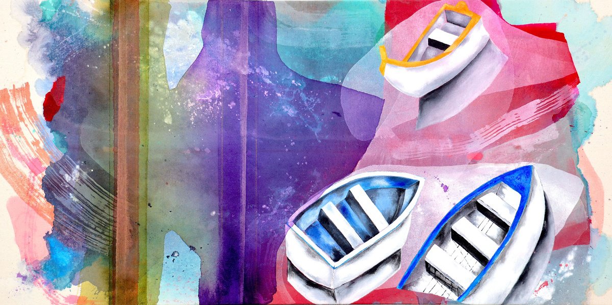 Abstract Landscape Acrylic Painting By Poovi Art, 48 X 24", Faith 03 - Sailing Boat, Original Artwork