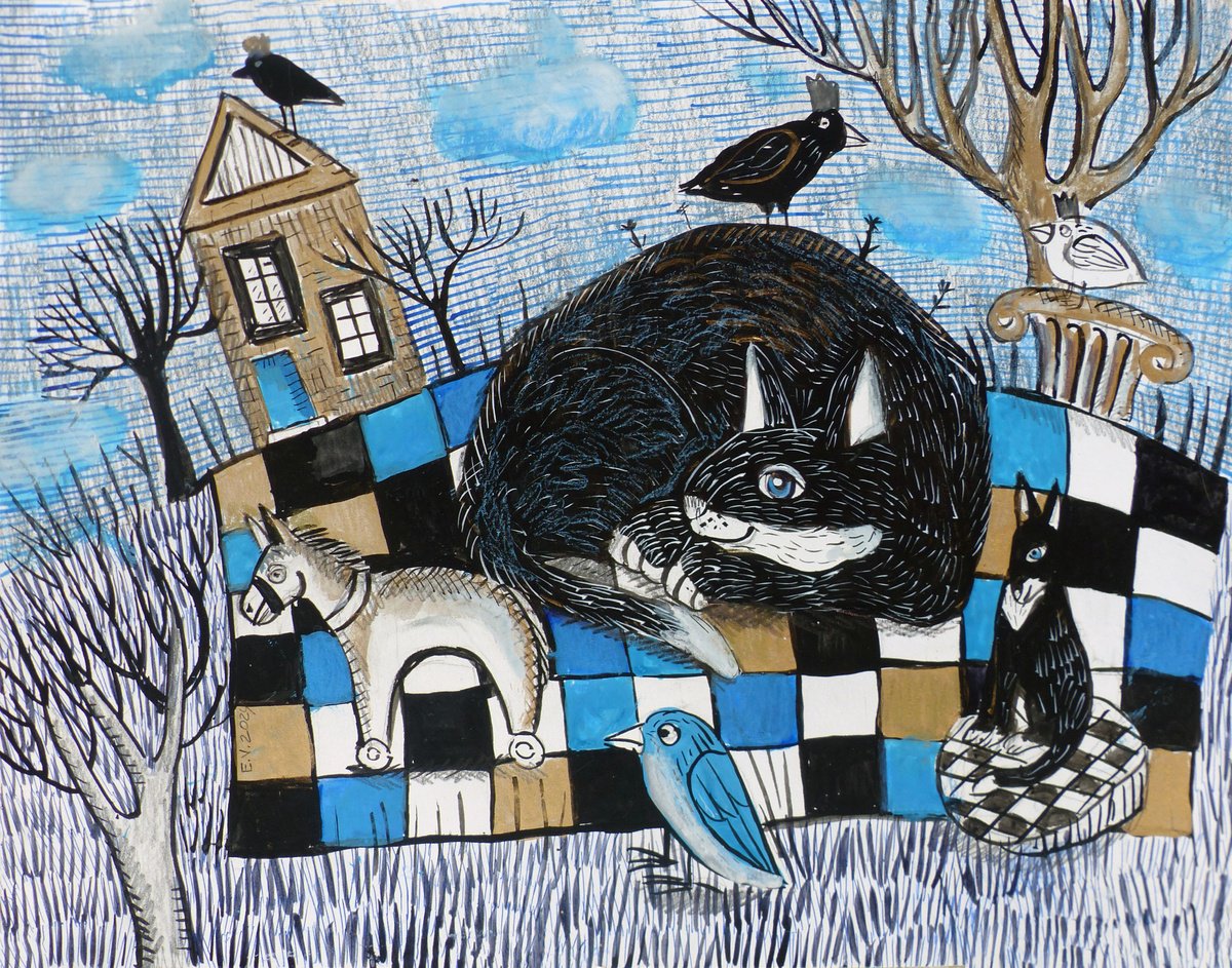 Graphic Animal Ink Drawing By Elizabeth Vlasova, 14 X 11, Magical Morning, Original Artwork