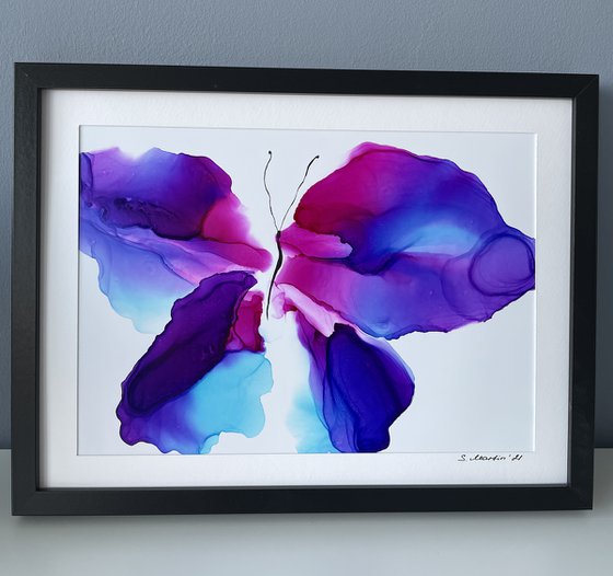 BLUE PINK BUTTERFLY - alcohol ink , plastic paper