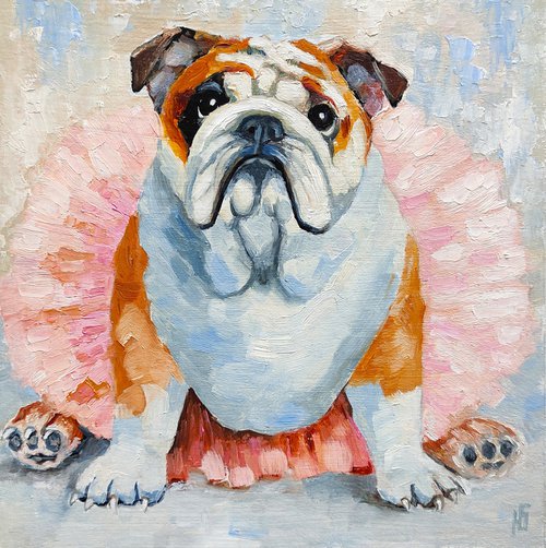 Bulldog Ballerina Original Art Funny Pet Artwork by Yulia Berseneva