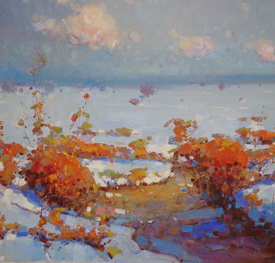 Winter Day, Landscape  Oil painting, One of a kind, Signed with Certificate of Authenticity