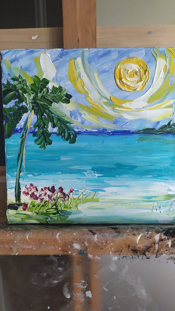 Sunny beach, small impasto oil painting, landscape, sea, sky, palms