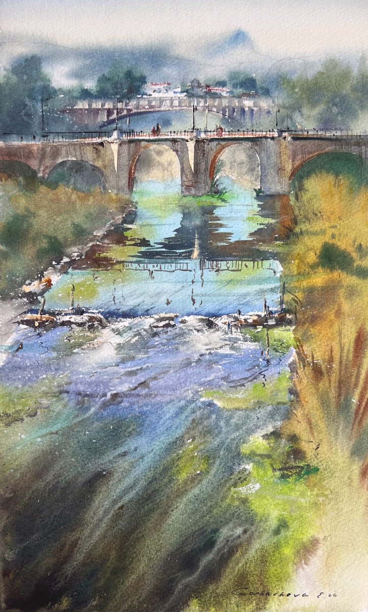 Impressionistic Watercolour , Bridge Of Quiet Waters Spain By Eugenia Gorbacheva, 10 X 15, Artwork For Sale On Artfinder