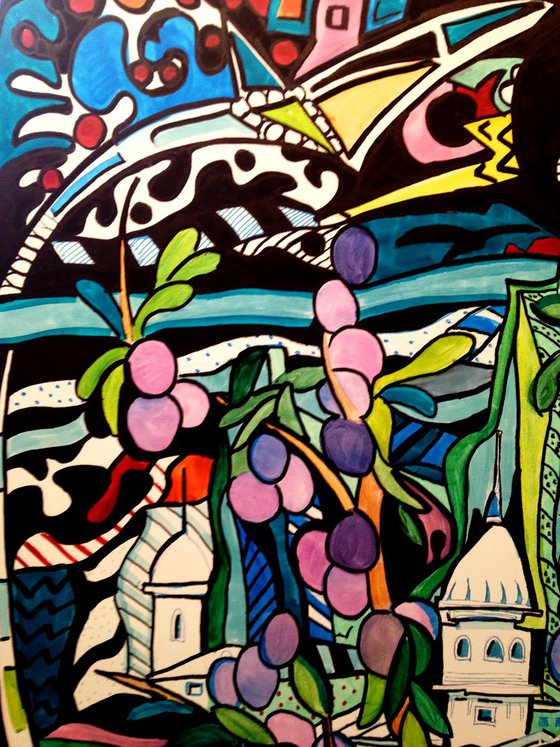 Ctyscape from a tree violete - large size- original acrylic painting - gift idea - decorative and colorful 100 x 73 cm ( 39 x 29 inches)
