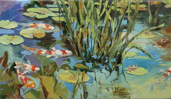 Sunlight Sonata. Water lilies pond with koi fish.