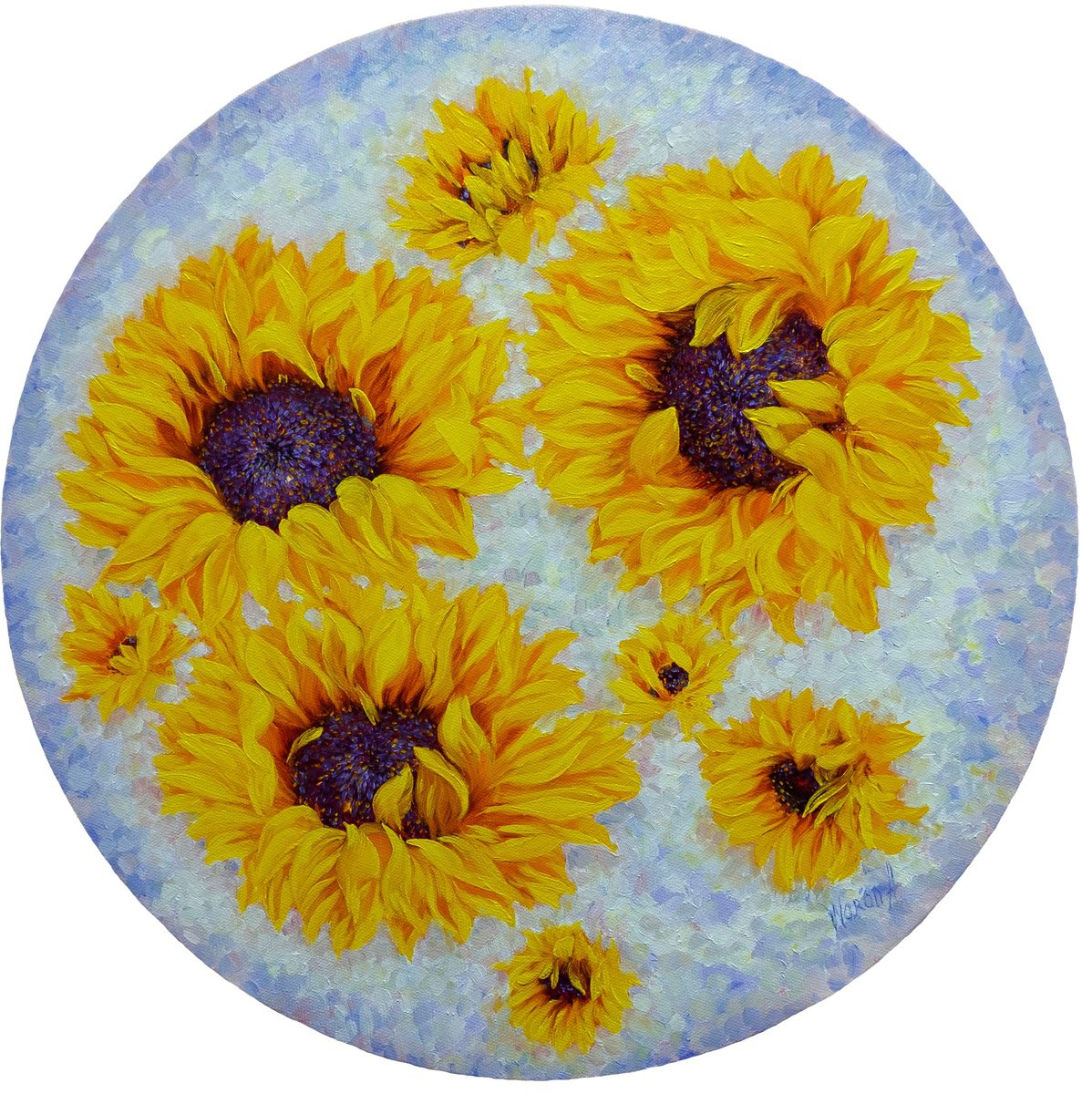 Impressionistic Botanical Oil Painting By Anastasia Woron, 16 X 16, Resplendent Sunflowers., Original Artwork