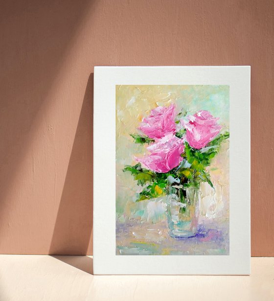 Pink Rose Painting Original Art Small Oil Artwork Flower Wall Art Floral Mini Oil Painting