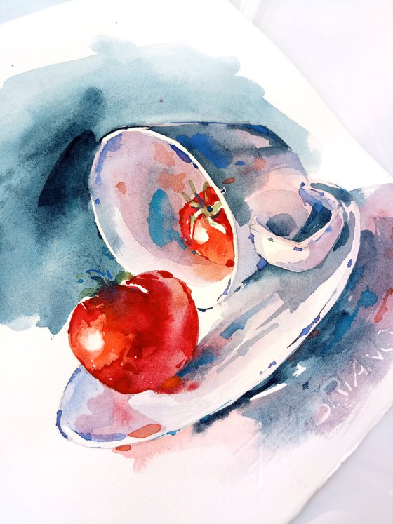 "Still life with a cup and tomatoes" watercolor food illustration