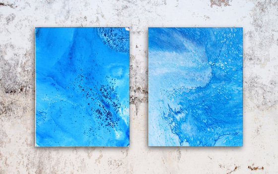 "My Blue Heaven" - FREE USA SHIPPING - Original PMS Abstract Diptych Fluid Acrylic Paintings On Canvas - 32" x 20"