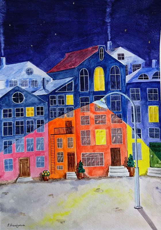 Night, streets, the lantern... Original watercolor painting by Svetlana Vorobyeva