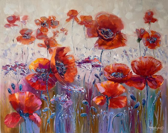 "Red poppies". Flowers oil painting. 100x80cm