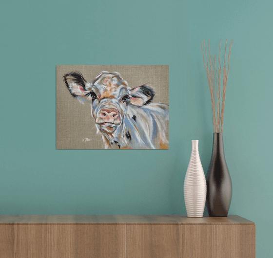 Kohl - Black & White Calf Cow original oil painting on linen on board