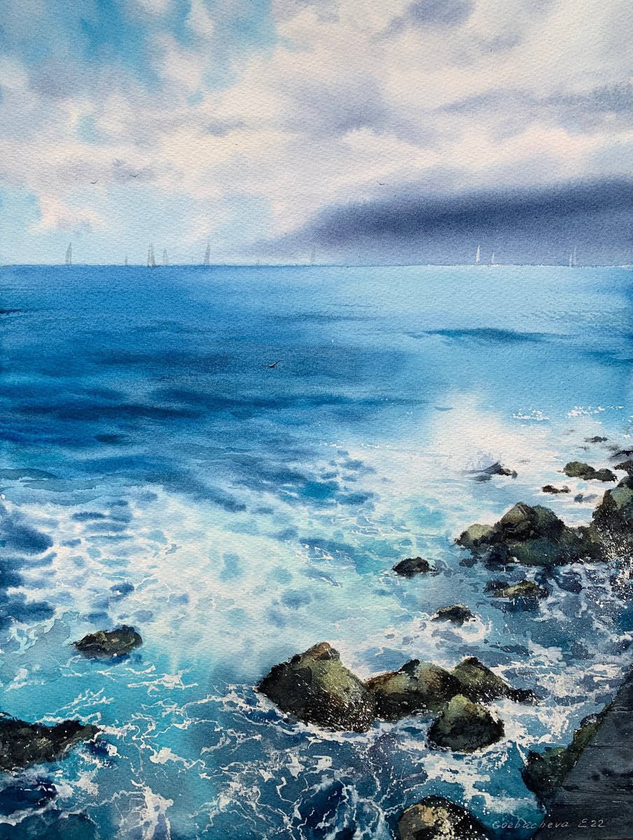 Impressionistic Landscape Watercolour By Eugenia Gorbacheva, 12 X 16, Waves And Rocks #6, Original Artwork