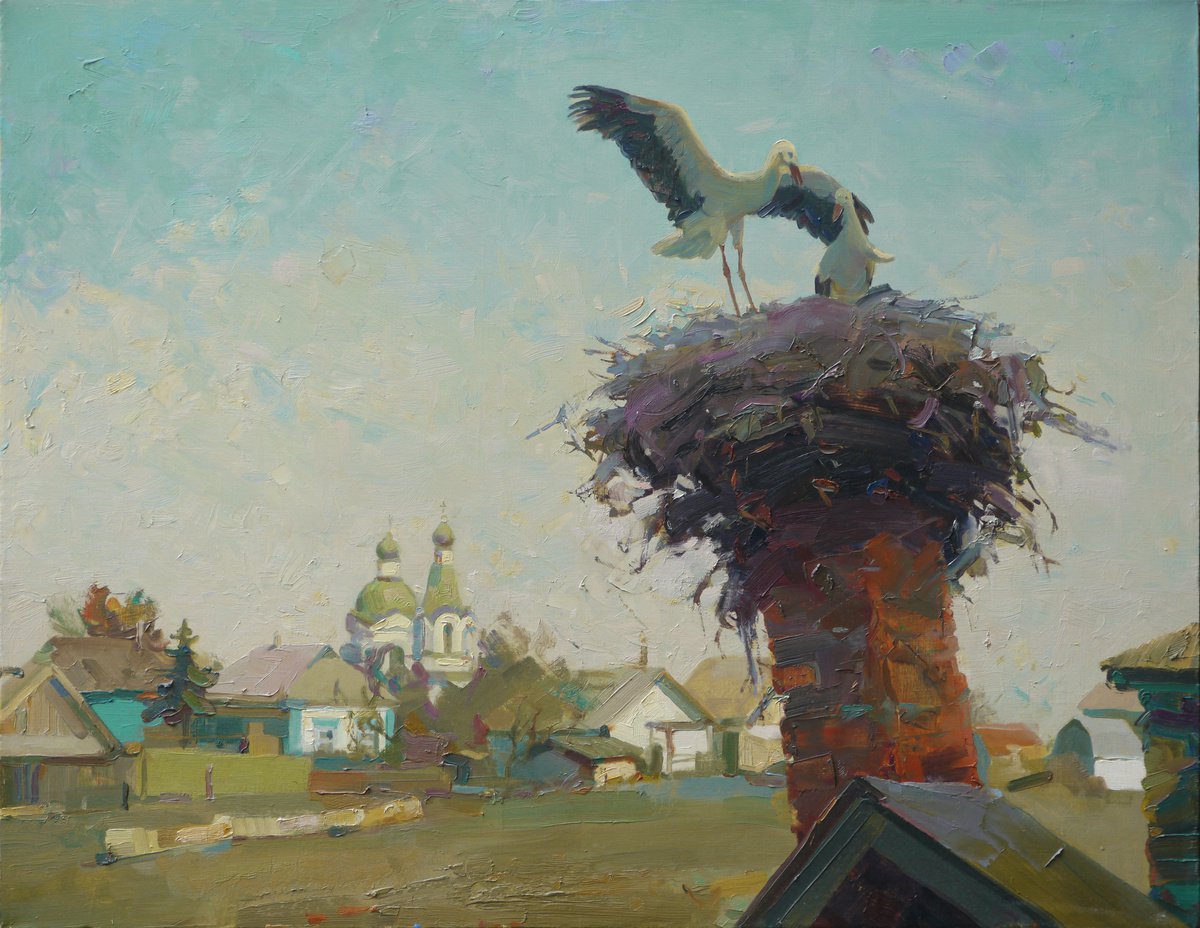 Impressionistic Animal Oil Painting By Victor Onyshchenko, 35 X 28", The Storks Are Back, Original Artwork