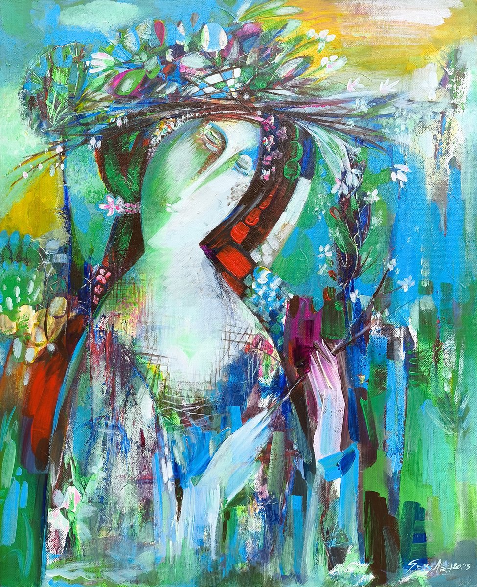 Abstract Portrait Oil Painting By Seyran Gasparian, 20 X 24", Crowned By Nature, Original Artwork