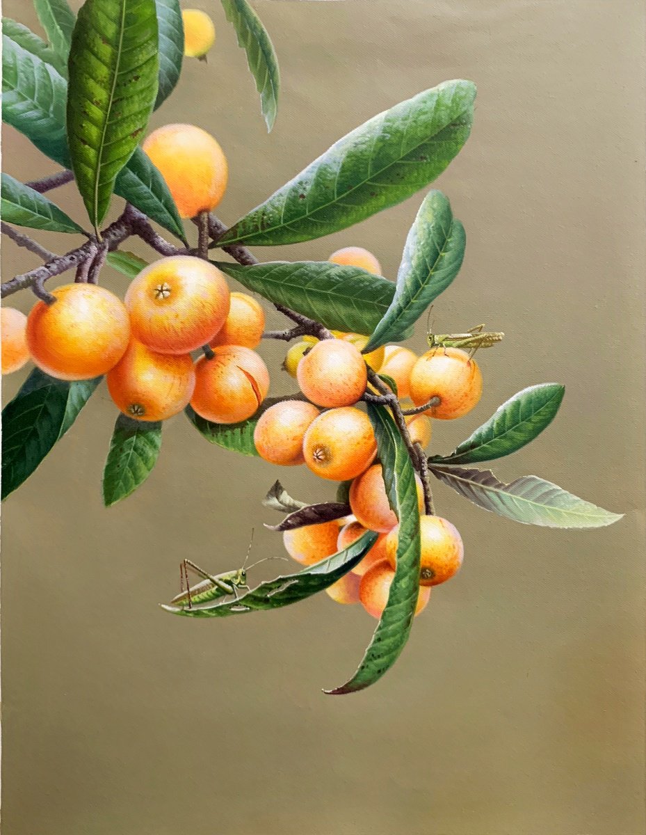 Photorealistic Oil Painting , Still Life:loquats And Grasshoppers On The Branches By Kunlong Wang, 24 X 31, Artwork For Sale On Artfinder