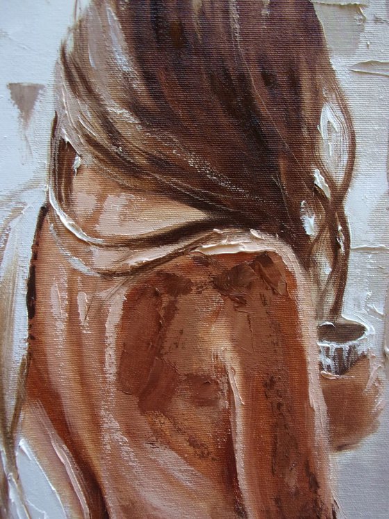 " MORNING COFFEE " - 50x70cm original oil painting on canvas, gift, palette kniffe SPRING