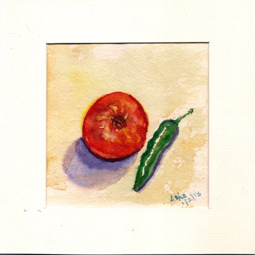 Still life with tomato and green chillies by Asha Shenoy
