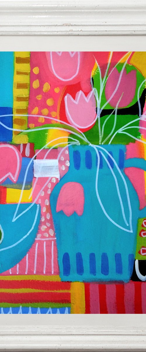 Pink Tulips in a Blue Vase by Jan Rippingham