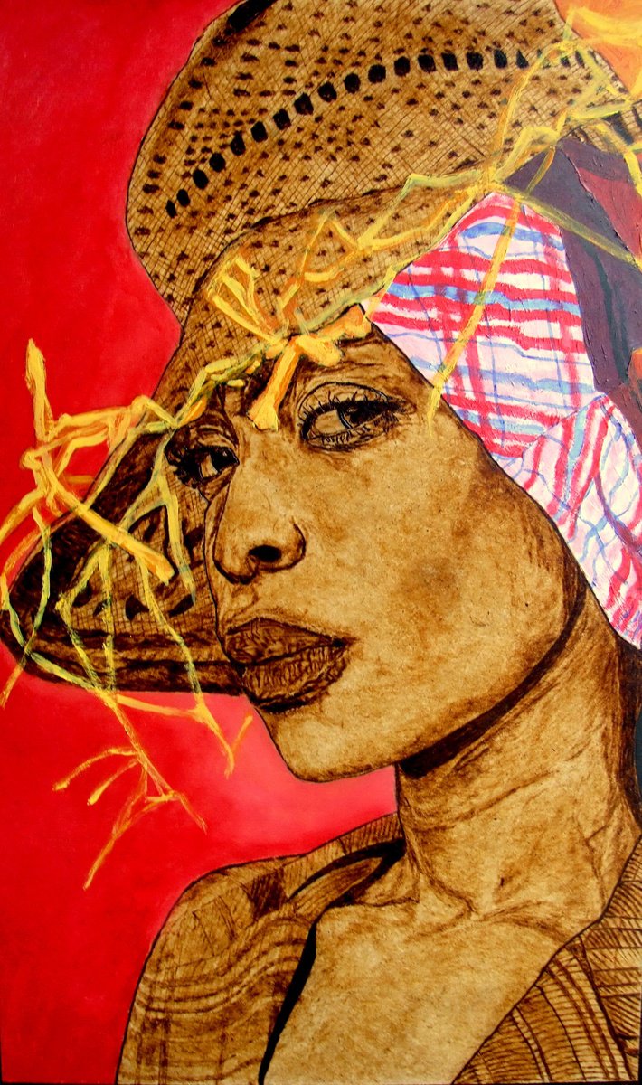 Expressive Portrait Painting By Milis Pyrography, 12 X 20", Summertime, Original Artwork