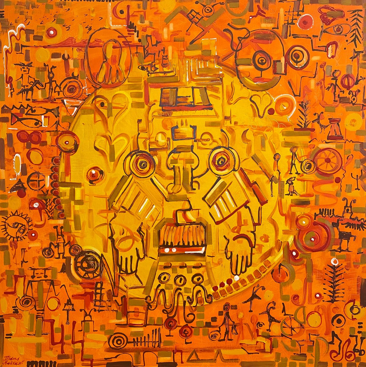 Abstract Oil Painting By Diana Malivani, 39 X 39, Le Gardien Du Soleil, Original Artwork