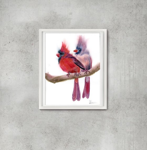 Two Red Cardinals Original Watercolor