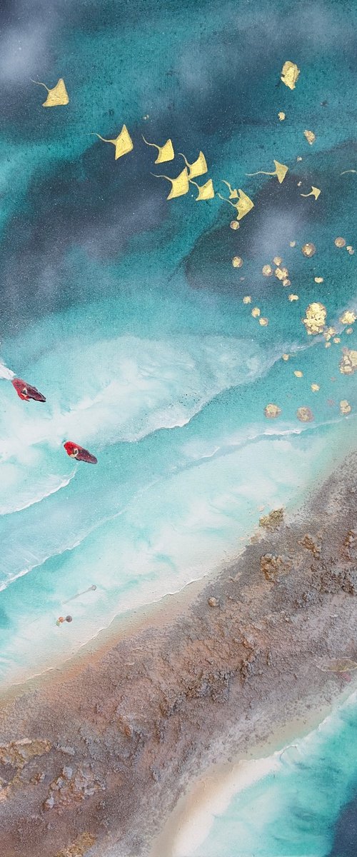 Teal Texture seascape with stingrays  1 90x60 by Marie Antuanelle