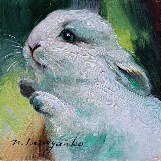 Bunny painting original oil picture framed 4x4, Small framed art Green girl rabbit artwork,