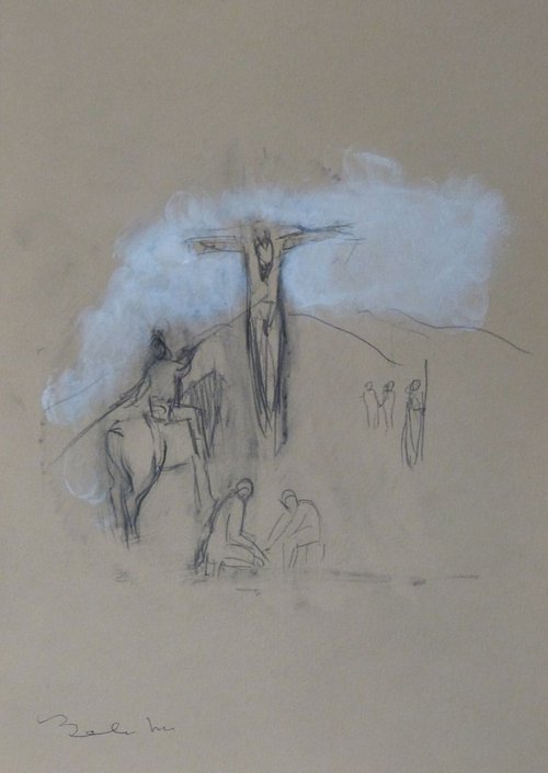 Crucifixion 6, ink and pencil drawing 29x21 cm by Frederic Belaubre