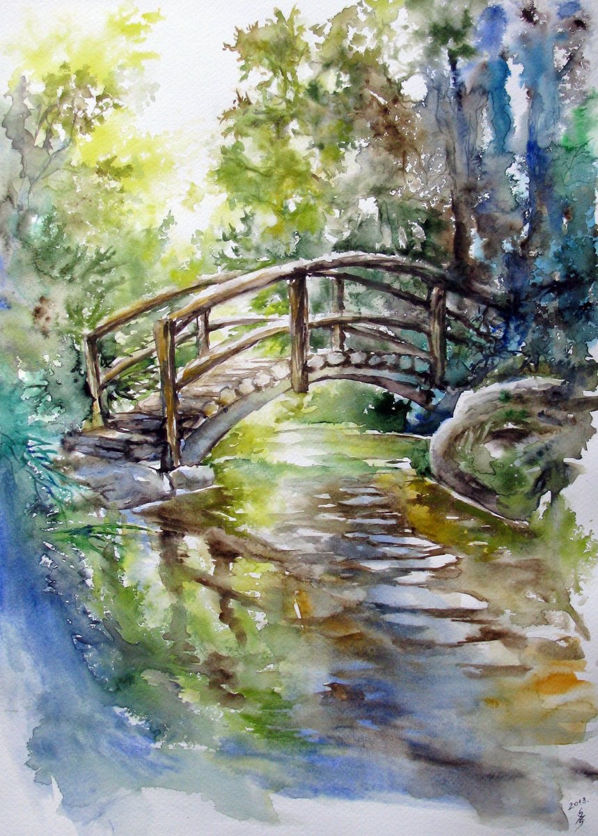 Impressionistic Landscape Watercolour By Szekelyhidi Zsolt, 13 X 18", Bridge No. 3, Original Artwork