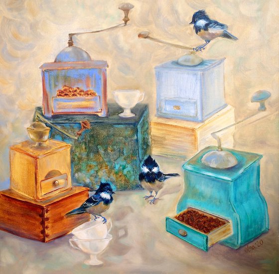 Still life oil painting - Coffee grinders and birds - Square canvas - Kitchen wall art