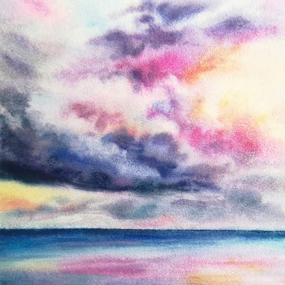 Sea, ocean landscape watercolor painting