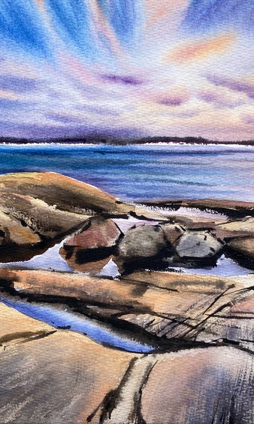 Seaside Sunset original watercolor painting gift idea for friend by Irina Povaliaeva