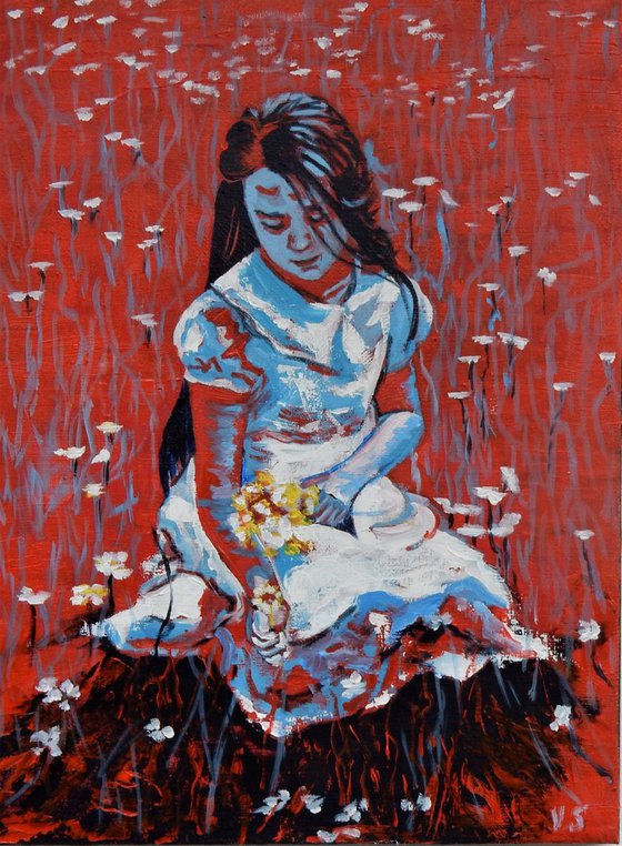 Girl in a field with flowers. 30x40cm.