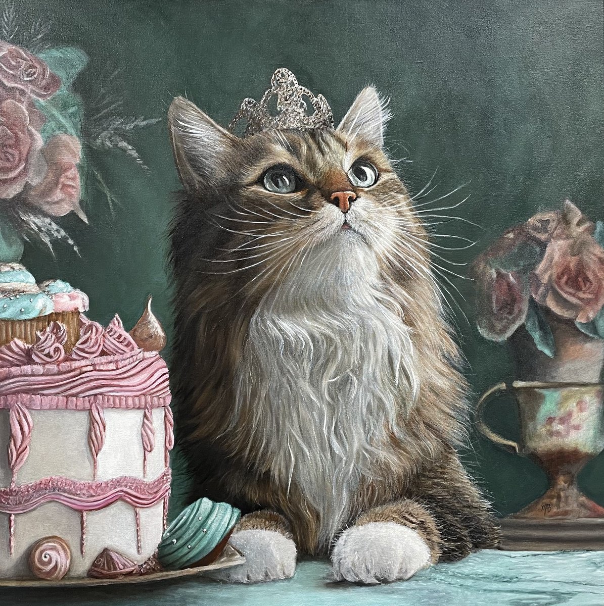 Photorealistic Animal Oil Painting By Maria Arias, 28 X 28", Tiny Princess, Original Artwork