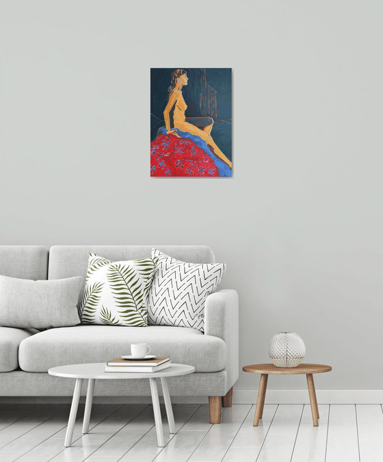 “Seated Female Nude on a Red Floral Drape”