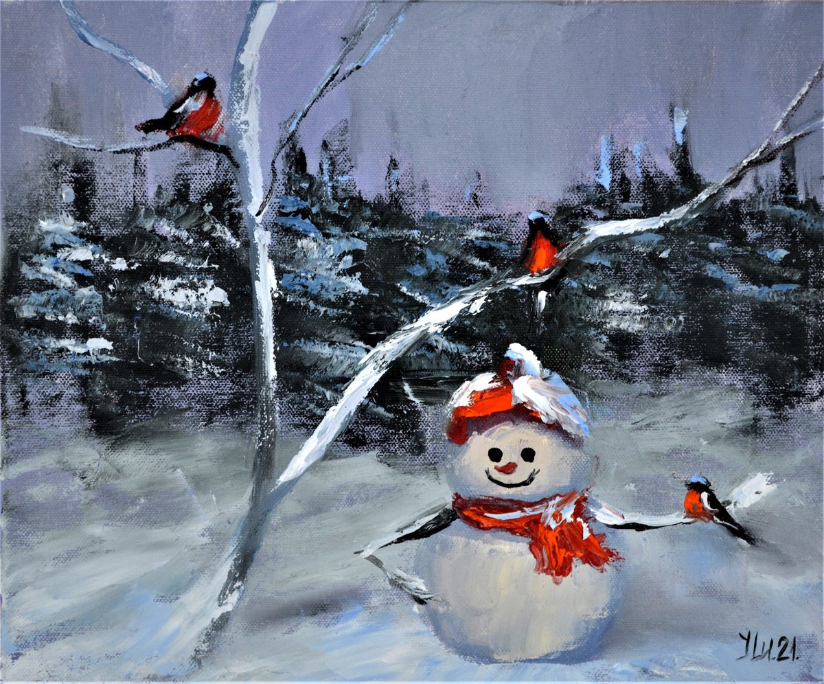 Impressionistic Landscape Oil Painting By Elena Lukina, 12 X 10, Snowman And Bullfinches, Original Artwork