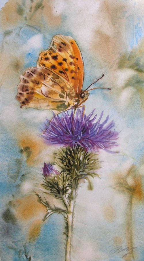 A painting a day #1 "butterfly with thistle" by Alfred  Ng