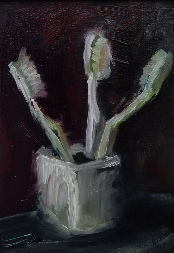 Toothbrushes. small still life framed painting.