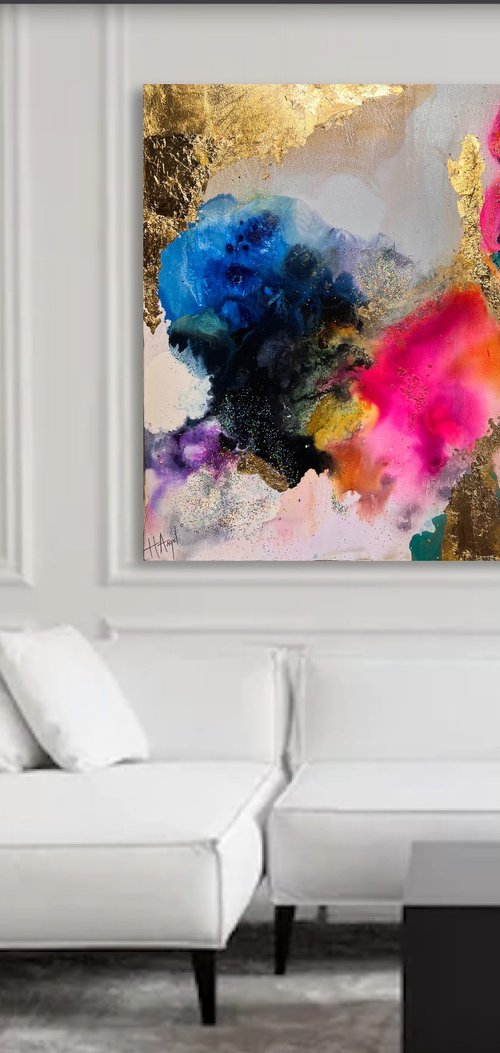 large colorful abstract with gold leaf vibrant  painting rainbow abstract by Henrieta Angel