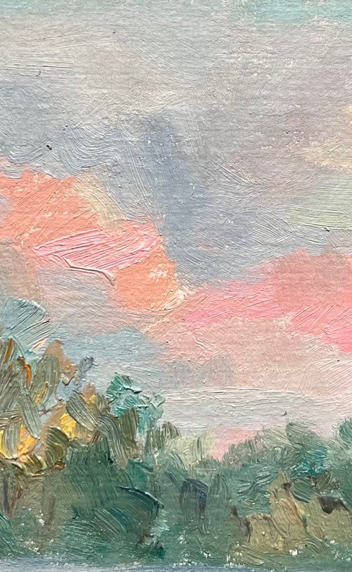 Pink cloud Ukrainian landscape mini oil painting by Roman Sergienko