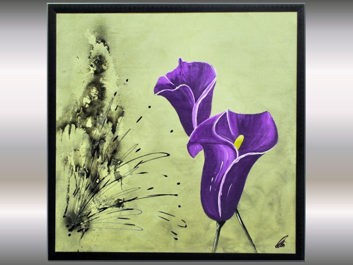 Purple Callas - Abstract Art - Acrylic Painting - Canvas Art - Framed Painting - Purple P... by Edelgard Schroer