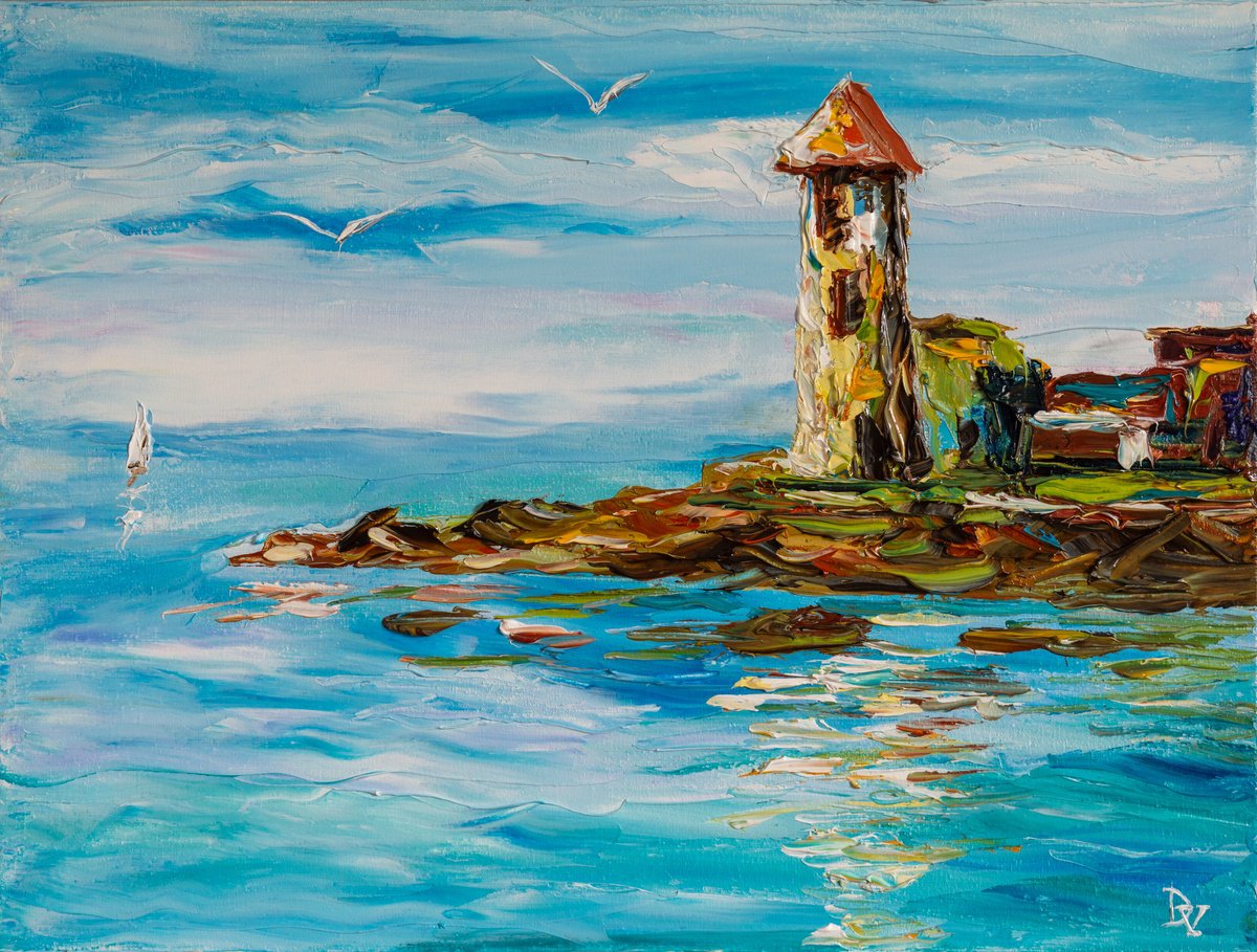 Impressionistic Landscape Oil Painting By Vladyslav Durniev, 16 X 12", Abandoned Lighthouse, Original Artwork
