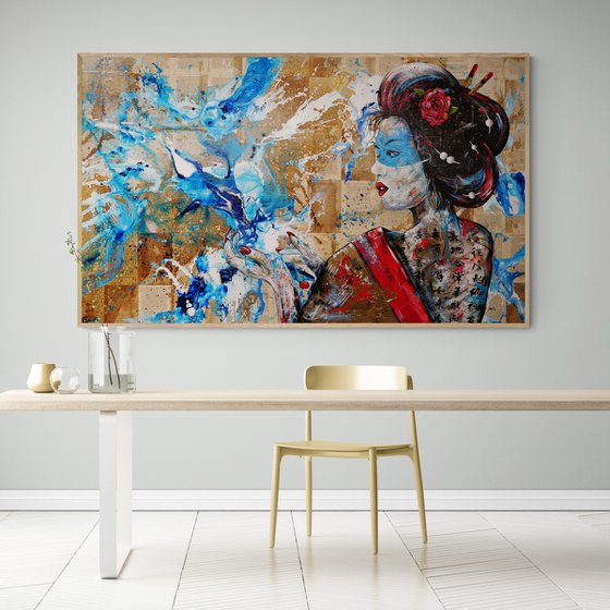 Akai Mizu 200cm x 120cm Geisha Book Page Abstract Realism Art