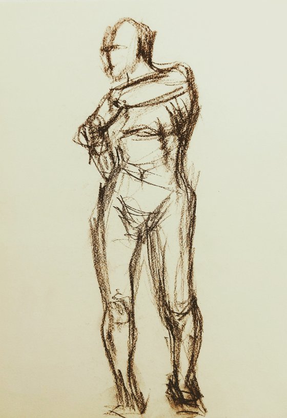 Nude. Abstract figure. Drawing with a brown pencil on paper