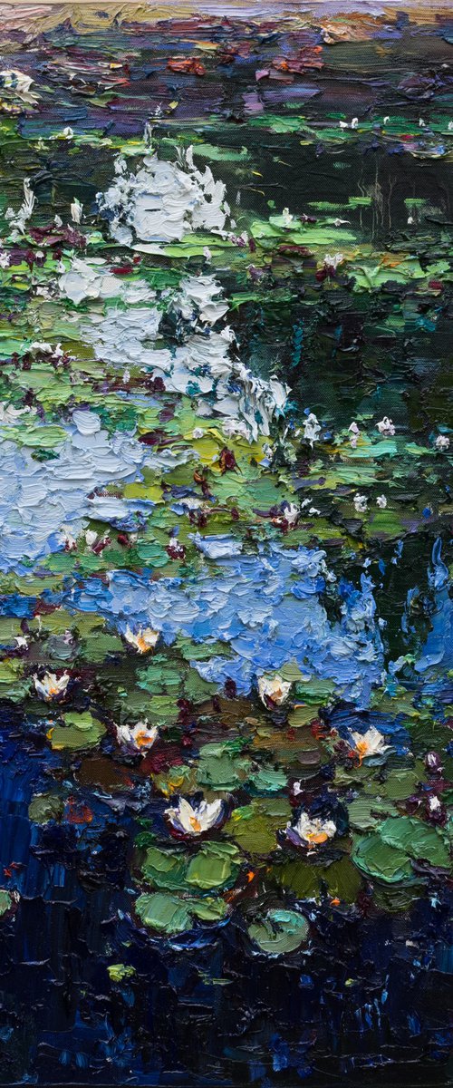 White Water Lilies - Impasto Original Oil painting by Anastasiia Valiulina