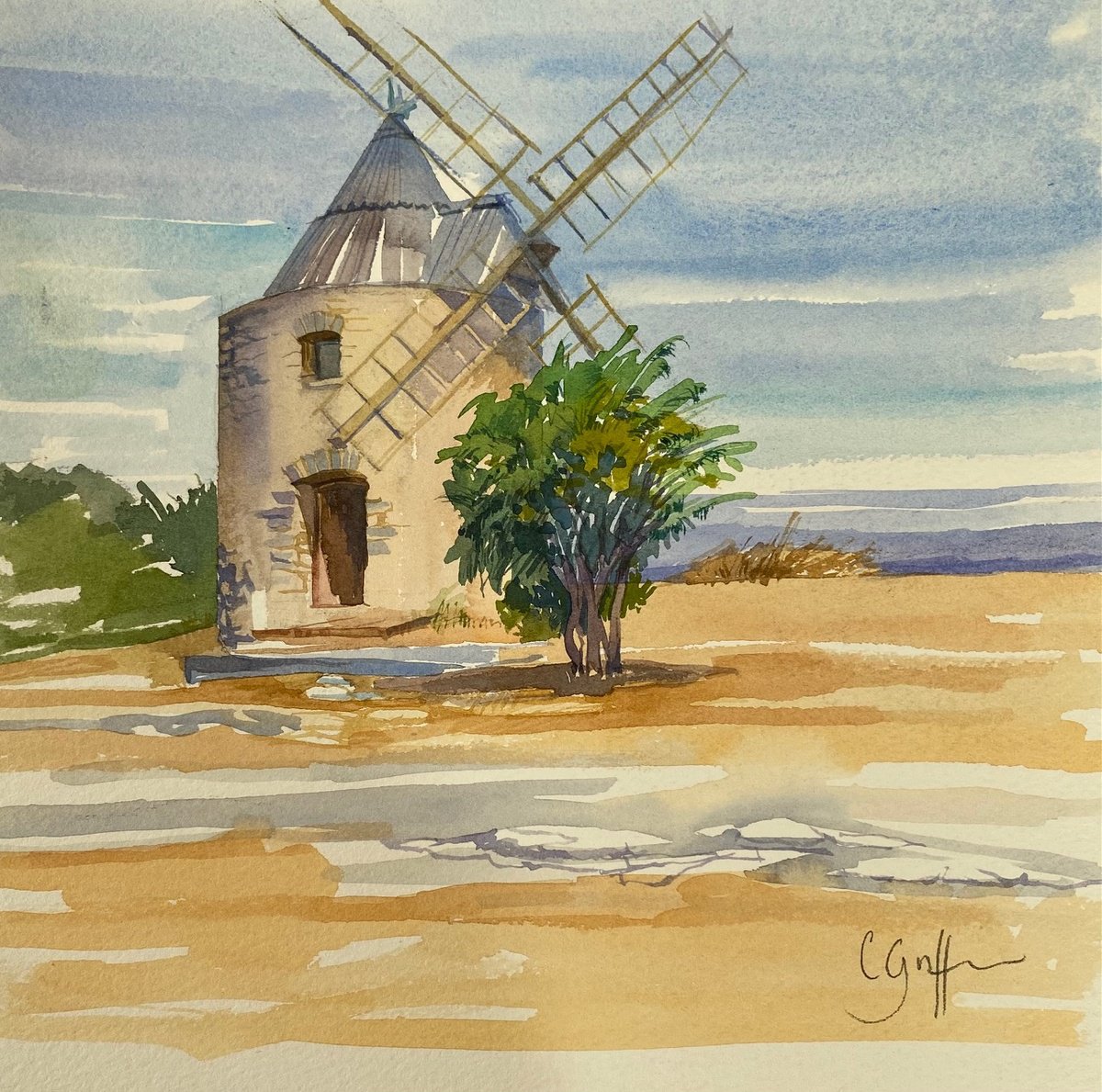 Windmill at St Julien le Montagnier by Carole Griffin RBA
